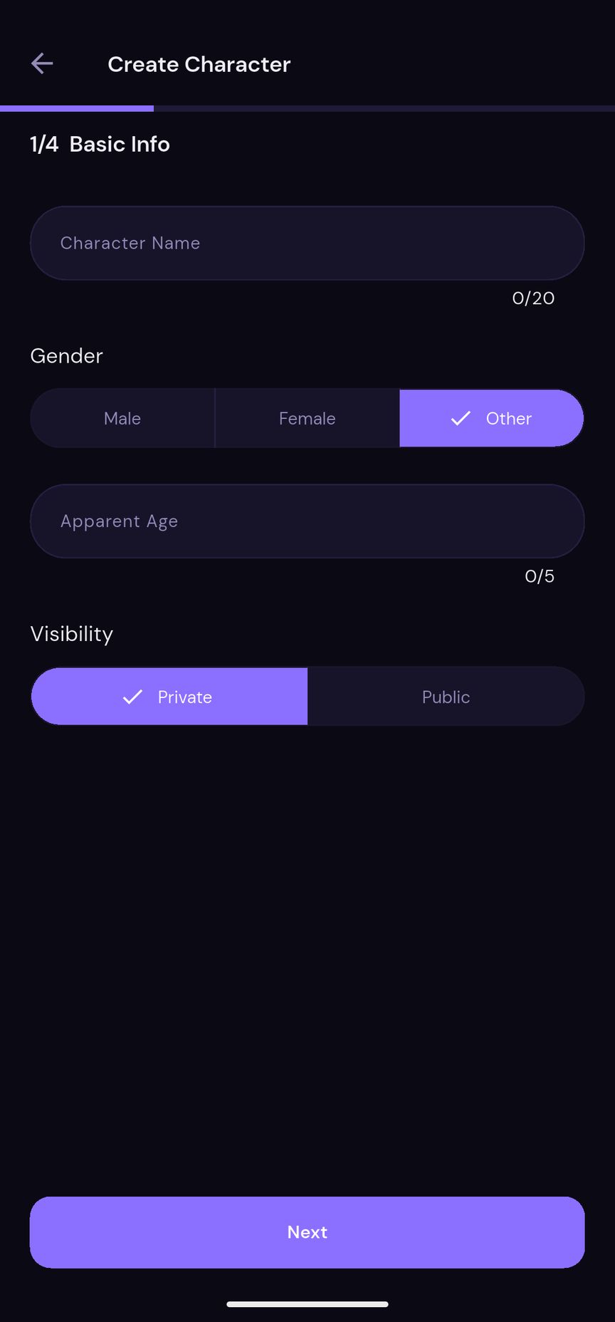bubi character creation screen